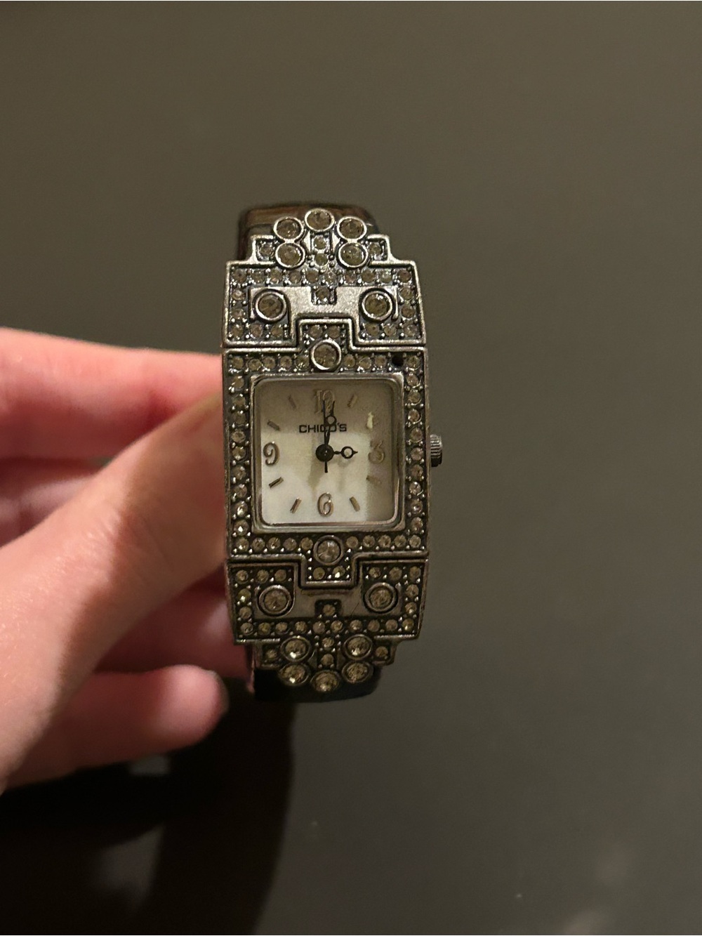 Chico's Watch Women 22mm Silver Tone Marcasite Crystals Open Cuff untested